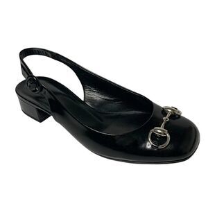 Gucci Horsebit Slingback Pumps Black Leather Size 37.5 Classic Designer Shoes